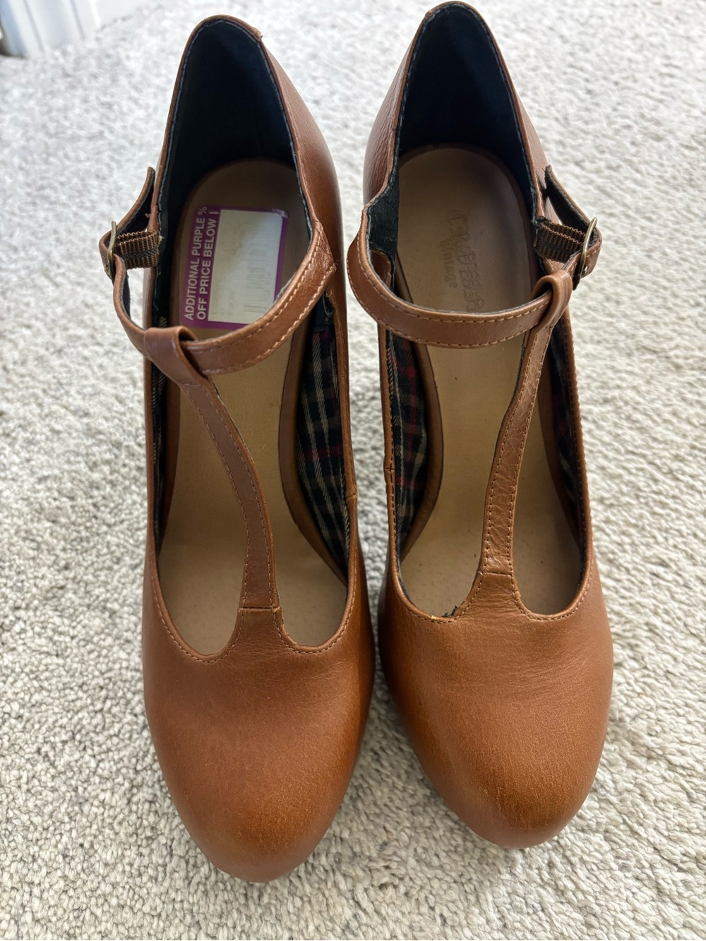 Crown Vintage T‑Strap Round Toe Heels in Brown